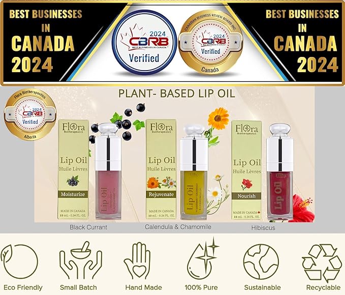 Flora Calendula & Chamomile Lip Oil | Organic, Plant-Based | Rejuvenate | 10 ml | Made in Canada