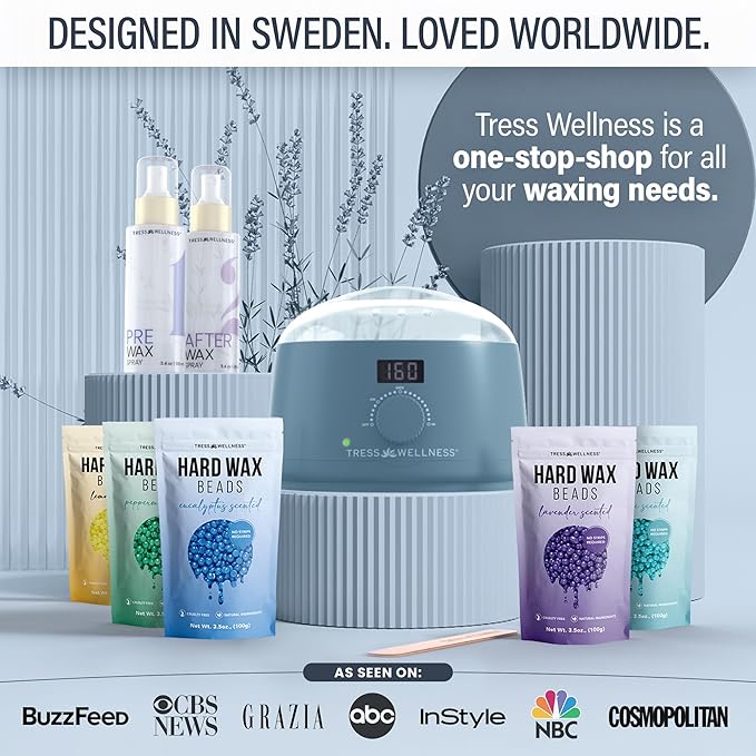 Tress Wellness Waxing Kit for Sensitive Skin – Safe for Face & Skin, Prep & Aftercare Spray, Easy to Use – At-Home Kit for Face, Bikini, Brazilian & Full Body - Digital Display, Blue