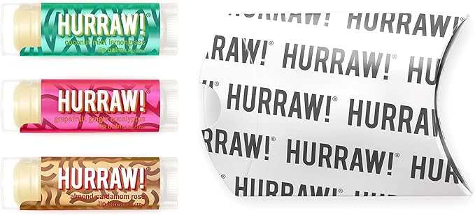 Hurraw! Pitta (Coconut, Mint, Lemon Grass), Kapha (Grapefruit, Ginger, Eucalyptus), Vata (Almond, Cardamon Rose) Lip Balms, 3 Pack Bundle: Organic, Certified Vegan, Cruelty, Gluten Free, 100% Natural