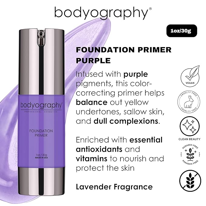 BODYOGRAPHY - Foundation Primer (Purple): Flawless Anti-Aging Salon Makeup Primer w/Vitamin E, A, Jojoba, Grapeseed Oil | Control Shine | Gluten-Free, Cruelty-Free, 1 oz.