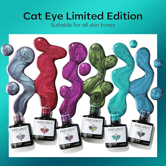 modelones Cat Eye Gel Nail Polish, 6 Colors Glitter Red Green Purple Blue Gel Polish Set with Magnet Sparkle Galaxy Series Nail Gel Polish Kit Soak Off Led Nail Art Manicure Salon DIY Gifts
