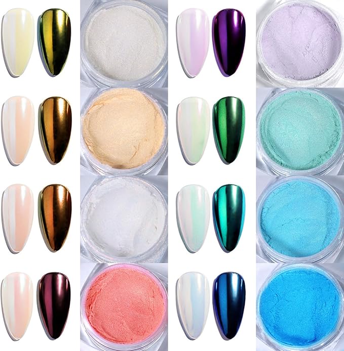Laza Mermaid Pearl Chrome Nail Powder, 8 Colors Metallic Mirror Effect Pigment, Iridescent Aurora Nail Glitter Dust Kit for Gel Nail Art Decoration, Resin Craft, Gifts - Sweet Candy