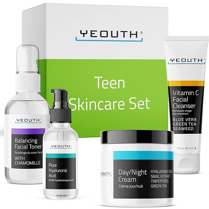 YEOUTH Skin Care Set: Hyaluronic Acid Serum, Vitamin C Cleanser, Toner & Face Cream, Teen Skincare Kit Girls & Boys 4-Piece Beauty Gifts