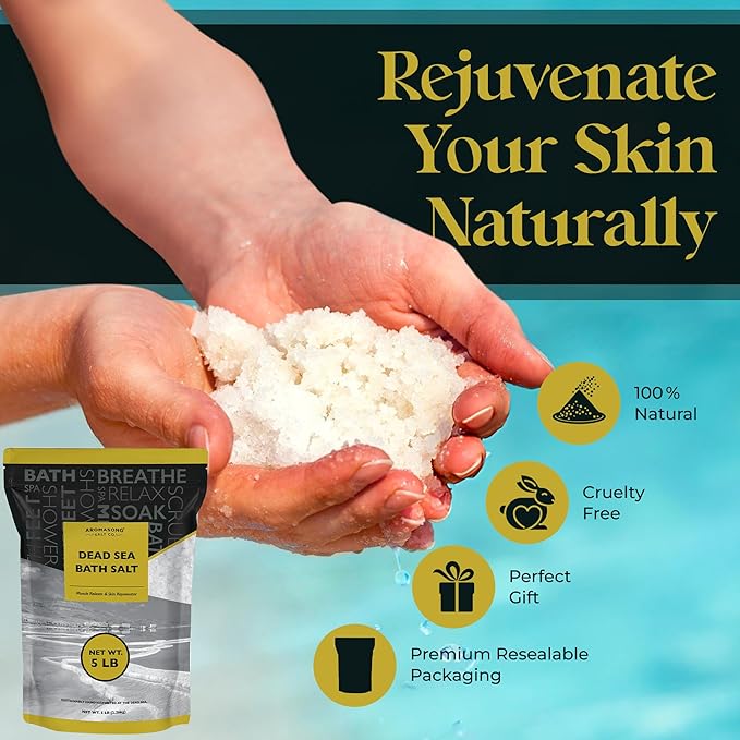 Aromasong Dead Sea Bath Salt - 100% Pure & Natural Dead Sea Salts for Soaking Fine Grain 5 LB - Bulk Resealable Pack (Packaging May Vary) Used for Body wash Scrub - Soak for Women & Men.