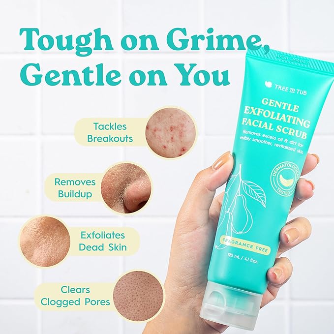Tree To Tub Exfoliating Face Wash - Gentle Facial Exfoliator & Face Scrub w/Salicylic Acid for Glowing Skin - Non-Irritating Exfoliant to Remove Buildup & Refine Texture - For All Skin Types