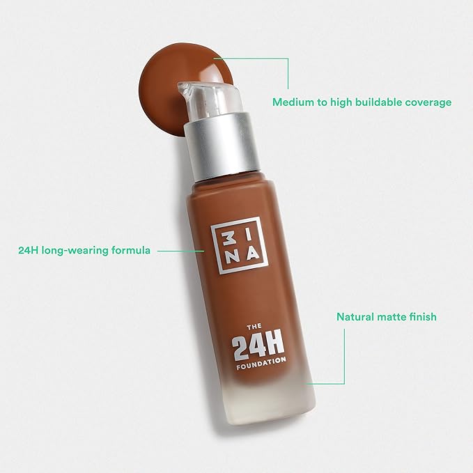 3INA The 24H Foundation 651-24H Long-Wearing Formula - Medium To High Buildable Coverage - Smooth Matte Finish - Expanded Shade Selection - Waterproof, Cruelty Free, Vegan Makeup - 1.01 Oz