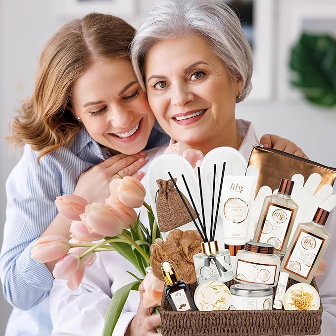 Bath and Body Gift Basket Set for Women - Coconut Vanilla Spa Gift Basket for Women 17-Piece Luxury Bath Gift Set with Shower Gel Self Care Pampering Gifts for Mothers Day, Christmas, Birthday Gifts