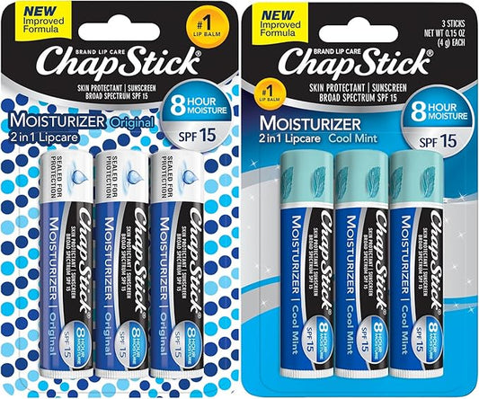 ChapStick Moisturizer 2-in-1 Lipcare 6-Pack (3 Original, 3 Cool Mint) – 8-Hour Lip Balm with Broad Spectrum SPF, Aloe & Vitamin E, 0.15 Ea