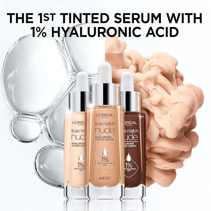 L'Oreal Paris True Match Nude Hyaluronic Tinted Serum Foundation with 1% Hyaluronic acid, Tan-Deep 7-8, 1 fl. oz.