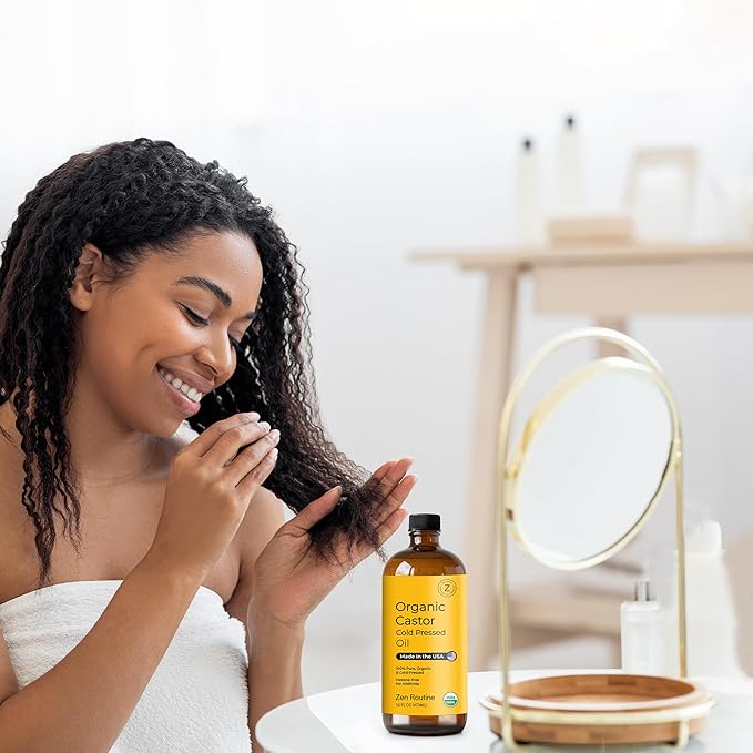 Zen Routine New (Glass Bottle) Organic Castor Oil 16oz – Hexane Free – Hair Growth Oil, Eye Lashes & Stomach, 100% Cold Pressed Unrefined Pure for Castor Pack Wrap – USDA Certified, Made in the USA