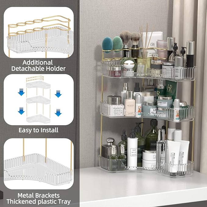 Makeup Organizer Countertop 3 Tier, Corner Bathroom Countertop Organizer with Toothbrush and Makeup Brush Holder, Corner Vanity Tray for Skincare Organization