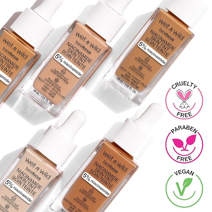 wet n wild Bare Focus Skin Tint, 5% Niacinamide Enriched, Buildable Sheer Lightweight Coverage, Natural Radiant Finish, Hyaluronic & Vitamin Hydration Boost, Cruelty-Free & Vegan - Buff Bisque
