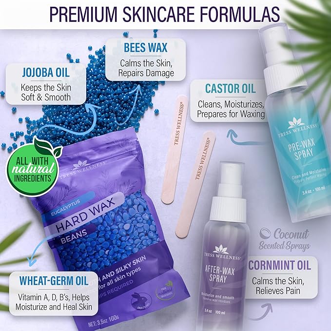 Tress Wellness Waxing Kit for Sensitive Skin – Safe for Face & Skin, Prep & Aftercare Spray, Easy to Use – At-Home Kit for Face, Bikini, Brazilian & Full Body - Digital Display, Black Purple Flower