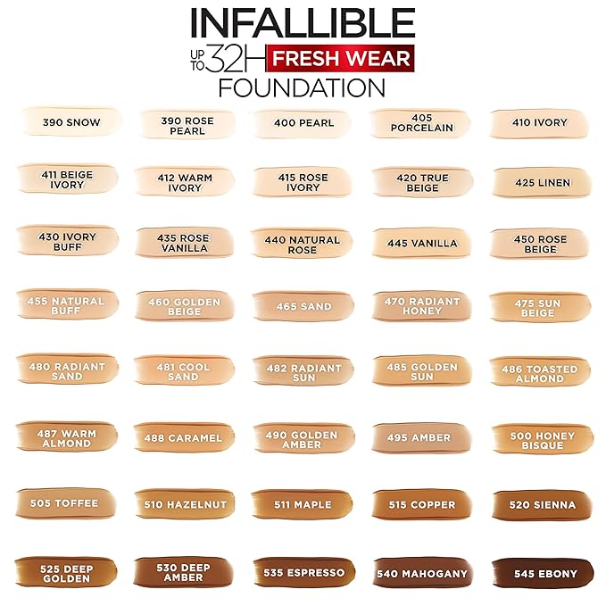 L'Oreal Paris Makeup Infallible Up to 32 Hour Fresh Wear Lightweight Foundation, 490 Golden Amber, 1 Fl Oz, Packaging May Vary