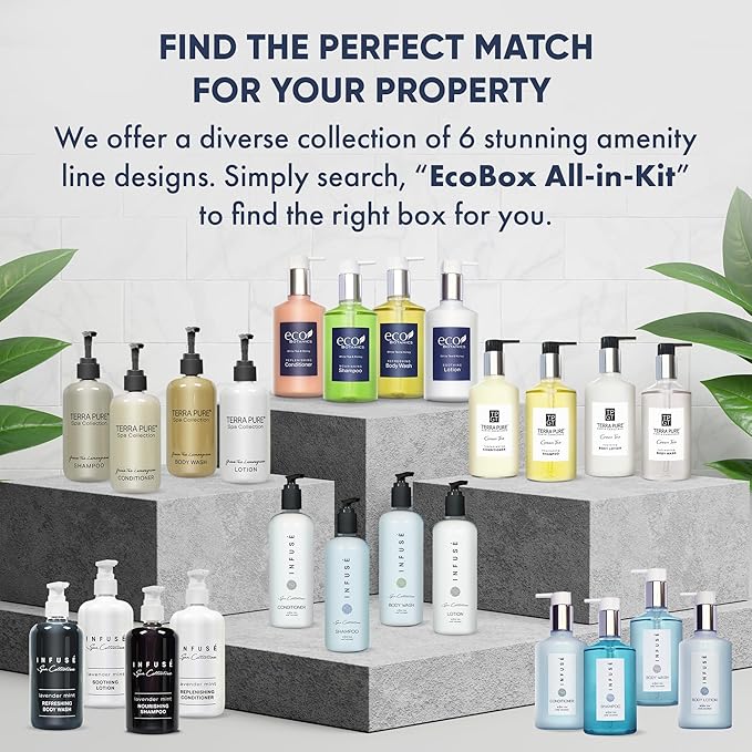 1-Shoppe Eco Botanics 10 Piece Ecobox All-In-Kit | White Tea and Honey Soap | 3 Shampoo, 2 Conditioner, 3 Body Wash & 2 Lotion | 10.14oz Hotel Soaps and Toiletries Bulk | Personal Care Products