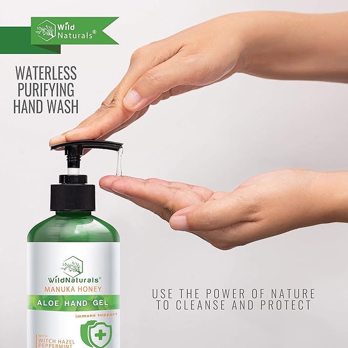Pure Aloe Vera Gel Hand Cleaner - 100% Aloe Vera Gel Organic with Manuka Honey, Witch Hazel, Peppermint, Oregano, Rosemary, & Cleansing Tea Tree - Organic Waterless Purifying Wash