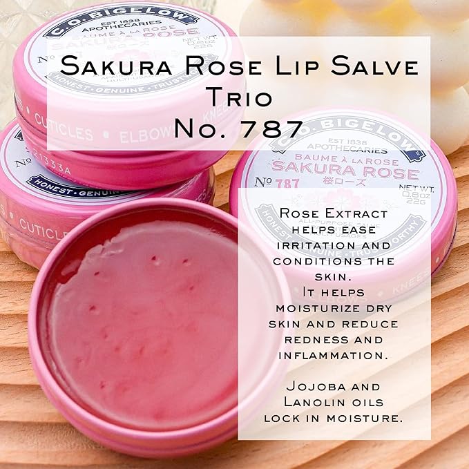 C.O. Bigelow All Purpose Salve Lip Balm Tins, Sakura Rose Salve Pack of 3 for Chapped Lips & Dry Skin - Moisturizing Lip, Cuticle and Skin Salves, 0.8 oz each