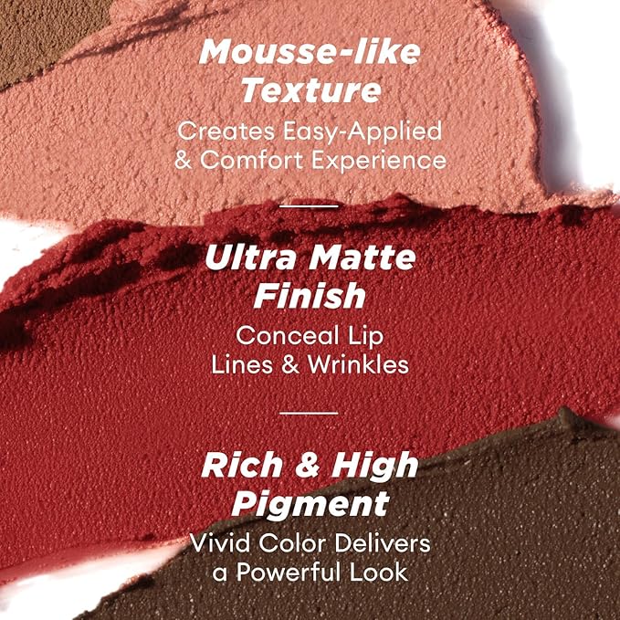 ITY Velvet Matte Finish Lip Stain-Mousse Textured Lip Clay, Red Shade, Conceals Lip Lines, Rich Pigment Lip Tint Lipsticks, 0.14 oz (4g) in Earthy, Ruby.