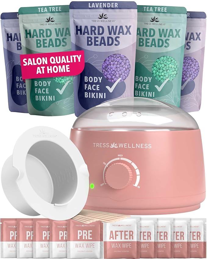Tress Wellness Waxing Kit for Sensitive Skin – Safe for Face & Skin, Prep & Aftercare Spray, Easy to Use – At-Home Kit for Face, Bikini, Brazilian & Full Body - Pink, No Display