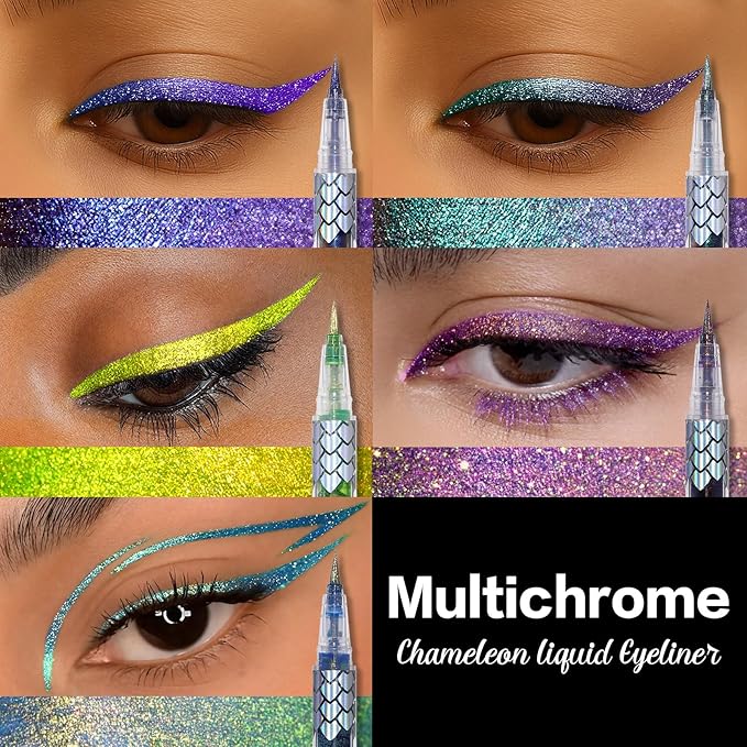 Chameleon Metallic Duochrome Liquid Eyeliner, Color Shifting Shimmery Eye Liner, Duo-color Waterproof Long Lasting Glitter Eye Makeup Pen Eyeliners (Lost Forest)