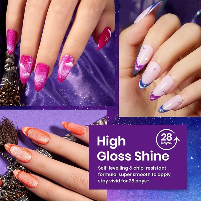 Beetles Cat Eye Gel Nail Polish Set, 6 Colors Summer Neon Holographic Glitter Gel Polish Kit Hot Pink Orange Purple Blue Green Magnetic Nail Polish Soak Off UV French Nail Art Gift for Women