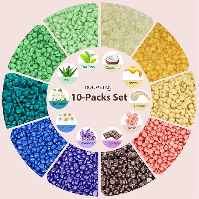 Wax Beads for Hair Removal, 2.2lb/1000g Hard Waxing Beans for Full Body, Brazilian, Bikini, Face, Eyebrows, Home Wax Refill for Women & Men, Pack of 10 with Pre & Post Oil
