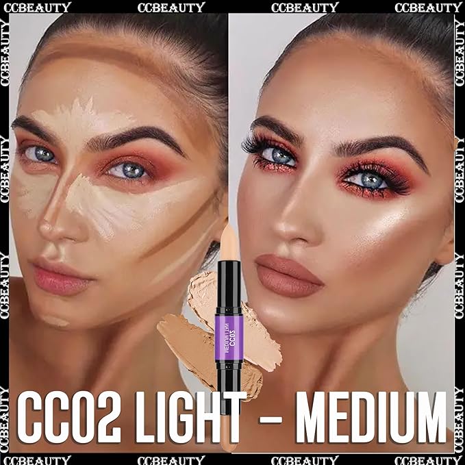 CCbeauty 2pcs 2-IN-1 Matte Contour Highlighter Stick with Blush,Cream Dual-End Highlight Bronzer Concealer & Blusher for Cheeks & Lip, Long Lasting Contouring for Face Shaping Makeup, Medium-Tan