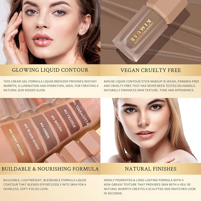 KIMUSE Soft Liquid Contour Stick, Glow Liquid Cream Bronzer, Weightless, Long-Wearing, Smudge Proof, Natural-Looking, Blendable, Bronzer Makeup