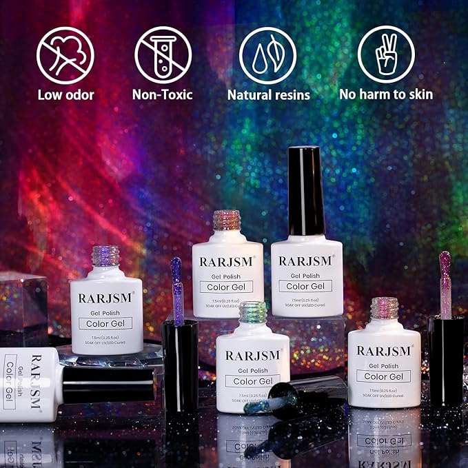 RARJSM 9D Chameleon Glass Cat Eye Gel Nail Polish Set 6Pcs Pink Purple Blue Green Yellow Multi Color Cateye Galaxy Shimmer Gradient Effect with Magnetic Stick UV LED Curing Require Home Salon