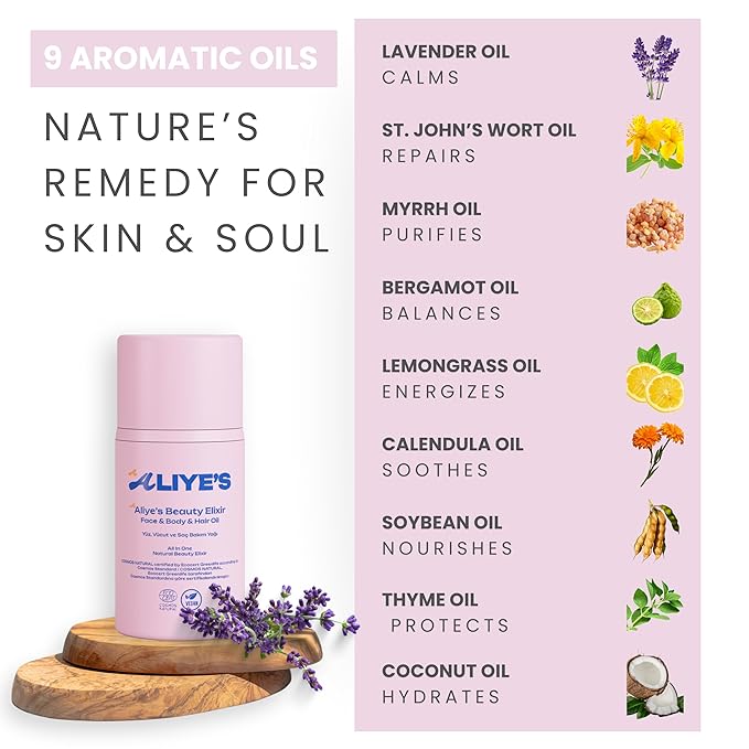 ALIYE'S A Beauty Elixir - All In One - Face & Body & Hair Oil Ecocert/Cosmos Natural Certified, Vegan, Non-GMO, Alcohol - Silicone Paraben Free, Derma