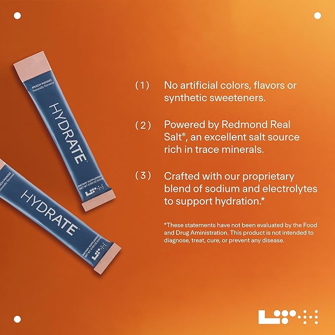 LTH Hydrate Hydration Mix - Trusted by Life Time Fitness Members - NSF Certified for Sport - Electrolyte Powder - Plant-Based, Non-GMO, Gluten Free - 15 Single-Serve Packets (Peach Mango)