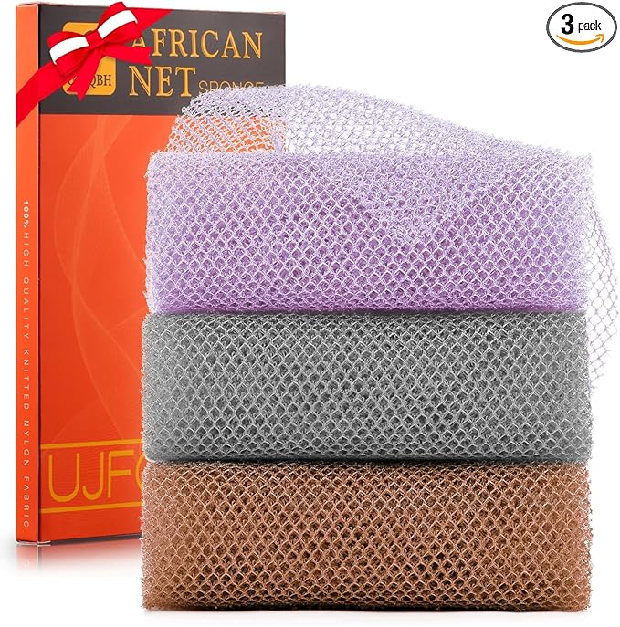 UJFQBH 3 Pieces African exfoliating net African Net Long Net Bath Sponge Exfoliating Shower Body Scrubber Back Scrubber Skin Smoother,Great for Daily Use (Purple、Gray、Brown)