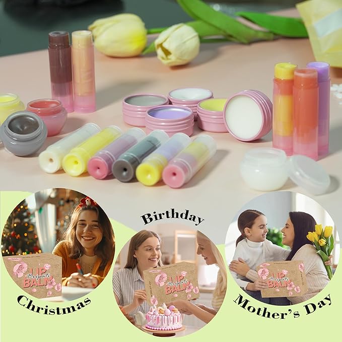 Lip Balm Making Kit - DIY Lip Gloss Kit to Make Your Own Lip Balm with Natural Beeswax, Lip Base Oil, Essential Oil, Tubes, Jars Lip Balm Craft Kit For Adults Girls Moisturizing Lip Care Kit