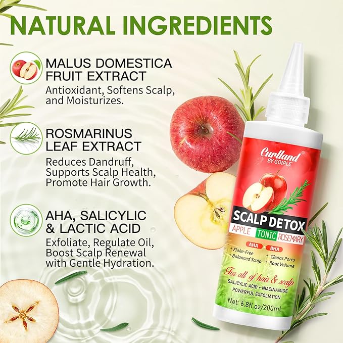 Rosemary & Apple Scalp Exfoliating Tonic - Scalp Detox Serum Deep Cleansing & Clarifying Treatment for Buildup, Dry Flaky Scalps - Soft Silicone Hair Scalps Massager Shampoo Brush for All Hair Types