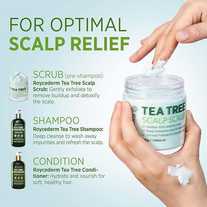 Roycederm Tea Tree Scalp Scrub: Anti Fungal Pre Shampoo, Itchy Relief Scalp Treatment for Dandruff, Psoriasis & Seborrheic Dermatitis - Gently Exfoliator, Relieves Dryness, Promotes Hair Growth