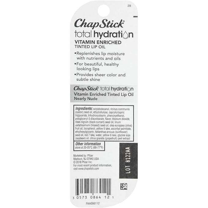 ChapStick Total Hydration Vitamin Enriched Nearly Nude Tinted Lip Oil Tube, Lip Care - 0.24 Oz