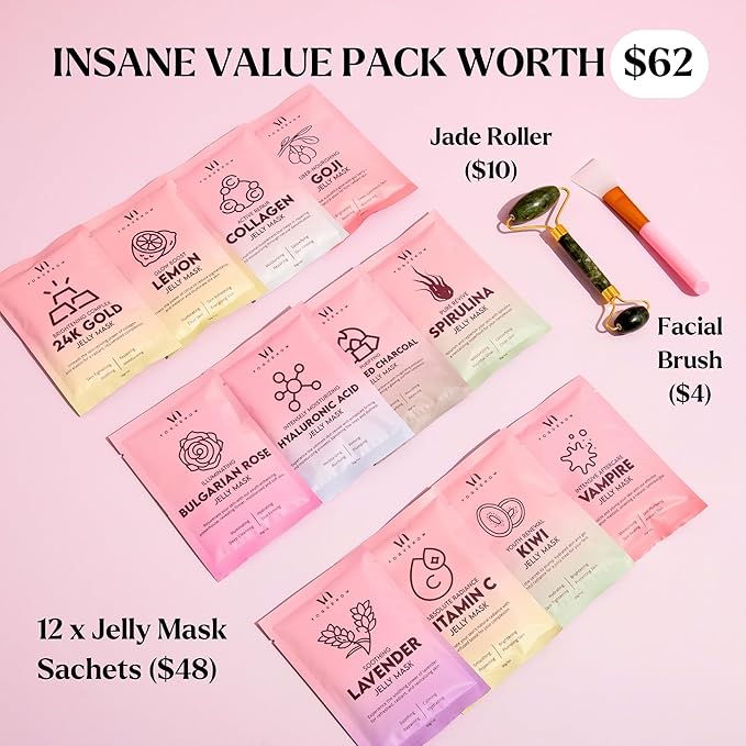 Jelly Mask for Facials - 12 Flavors Hydrating & Brightening Jelly Face Masks | Free Jade Roller & Spatula | Bulgarian Rose, Lavender, Hyaluronic Acid, 24K Gold face mask skin care |Vajacial Jelly Mask