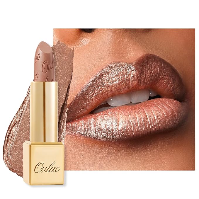 Oulac Nude Lipstick for Women with Metallic 3D Shine Lightweight Hydrating Formula, High Impact Lip Color, Vegan Beauty, Full Coverage Lip Makeup, Christmas Gifts for Women, Sahara Gold(10)