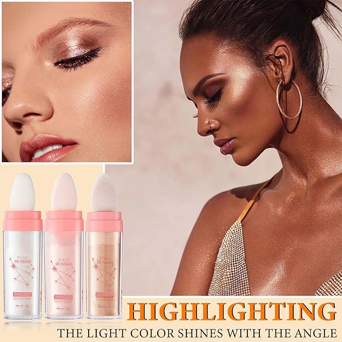 3 Pcs Polvo De Hadas,Fairy Hightlighter Stick Face Blusher Patting Polvo De Hadas Powder Highlighter Makeup,Natural Body Brightens Three-dimensional Body Glitter Stick