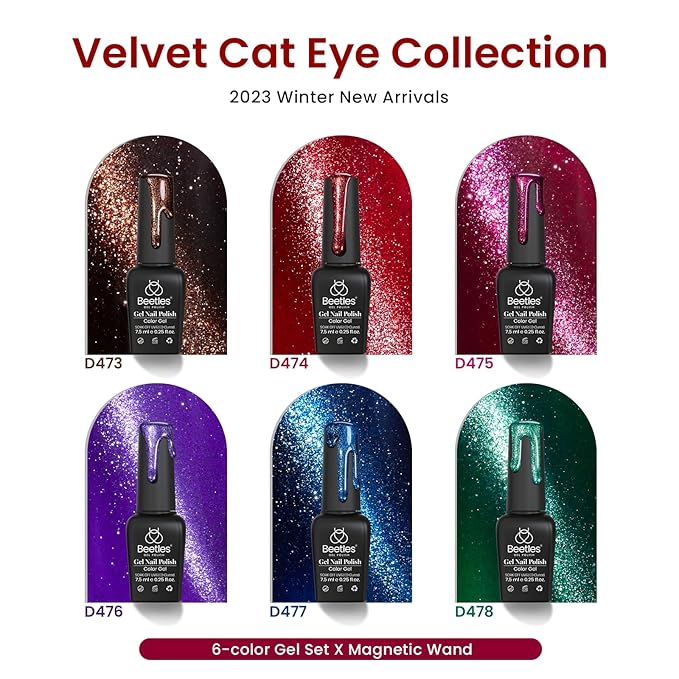 Beetles Cat Eye Gel Nail Polish Set, 6 Colors Glitter Red Pink Shiny Brown Burgundy Purple Blue Green Magnetic Effect Sparkle Stunning Nail Gel Polish Kit Soak Off UV Manicure Gifts for Women