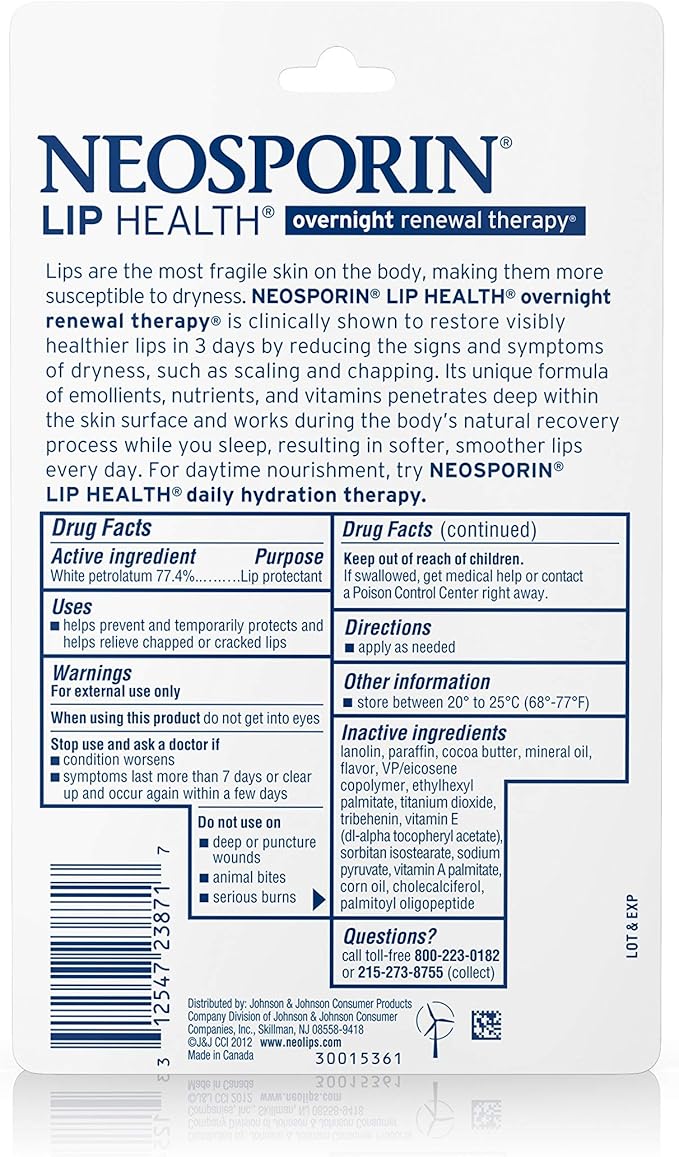 Neosporin Lip Health Overnight Healthy Lips Renewal Therapy Petrolatum Lip Protectant, 0.27oz. (Pack of 2)