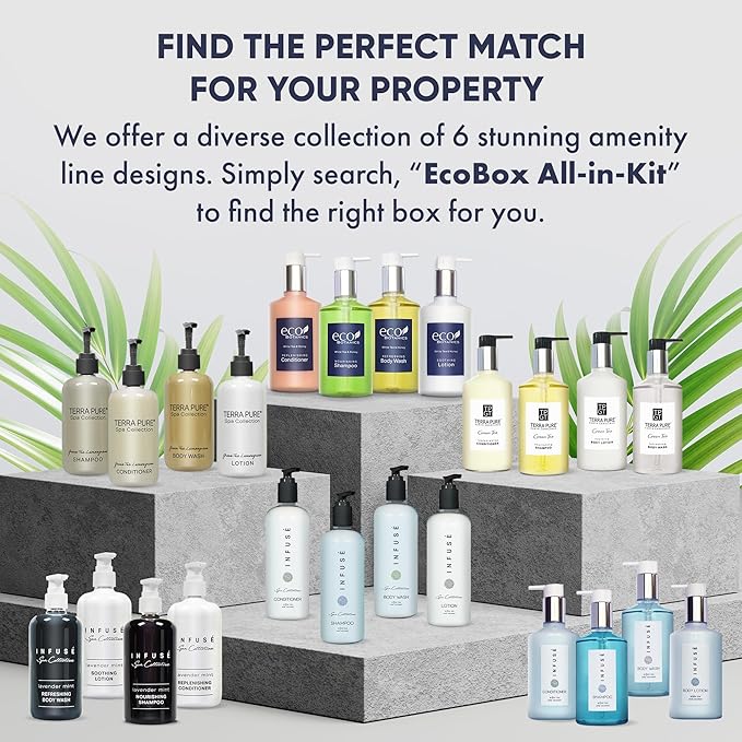 1-Shoppe Infuse 40 Piece Ecobox All-In-Kit | White Tea and Coconut Soap | 12 Shampoo, 8 Conditioner, 12 Body Wash & 8 Lotion | 10oz Hotel Soaps and Toiletries Bulk | Personal Care Products