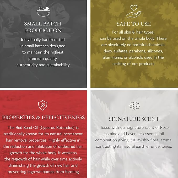 Silky Serum by Hadirose | Pure Red Saad Oil (Egyptian Cyperus Rotundus) Concentrated | Organic All Natural Hair Removal Serum | Scented (Rose, Jasmine & Lavender) | Made in the USA.