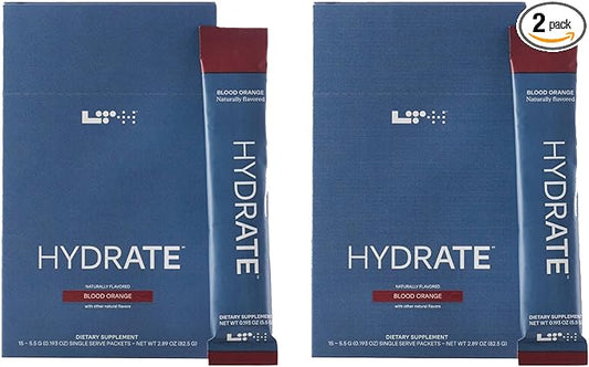 LTH Hydrate Hydration Mix - Trusted by Life Time Fitness Members - NSF Certified for Sport - Electrolyte Powder - Plant-Based, Non-GMO, Gluten Free - 15 Single-Serve Packets (Blood Orange) - 2- Pack