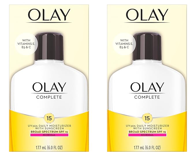 Olay Face Moisturizer, Complete with Sunscreen SPF 15, Daily Facial Lotion for Normal Skin, Lightweight Hydrating Broad Spectrum Sun Protection - Vitamin C, E, and Niacinamide - 6 Oz 2 Pack