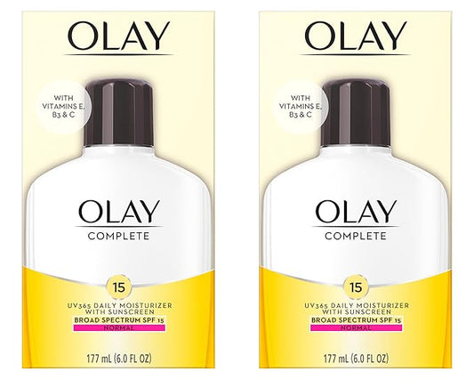 Olay Face Moisturizer, Complete with Sunscreen SPF 15, Daily Facial Lotion for Normal Skin, Lightweight Hydrating Broad Spectrum Sun Protection - Vitamin C, E, and Niacinamide - 6 Oz 2 Pack