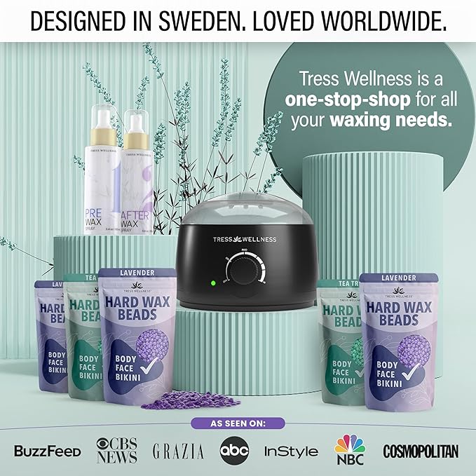 Tress Wellness Waxing Kit for Sensitive Skin – Safe for Face & Skin, Prep & Aftercare Spray, Easy to Use – At-Home Kit for Face, Bikini, Brazilian & Full Body – Black, No Display