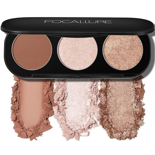 FOCALLURE Blush and Highlighter Palette,3 in 1 Makeup Powder Cruelty-Free Matte Blush,Shimmer Illuminator Highlighters for a Glowing Look,#02