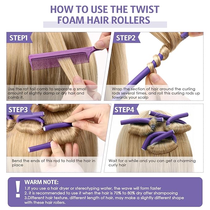 Syhood 30 Pcs 7'' Flexible Curling Rods Twist Foam Hair Rollers Soft Foam No Heat Hair Rods Rollers and 1 Steel Pintail Comb Rat Tail Comb for Women Long Short Hair(Purple,7 x 0.39 Inch)