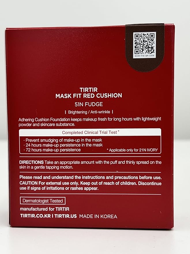 TIRTIR Mask Fit Red Cushion Foundation | Full coverage, Weightless, Skin fit, Satin Glow Finish, Korean Makeup, beauty, Tattoo cover up, Buildable (#51N Fudge, 0.63 Fl Oz)